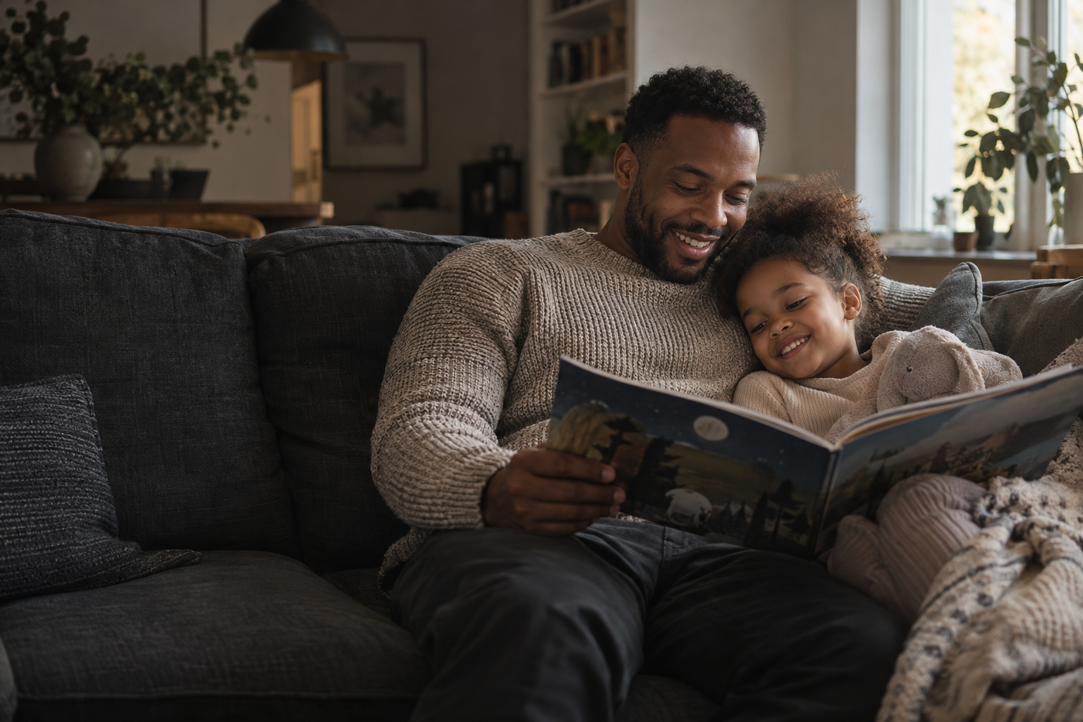 A father and daughter relaxing together with a book